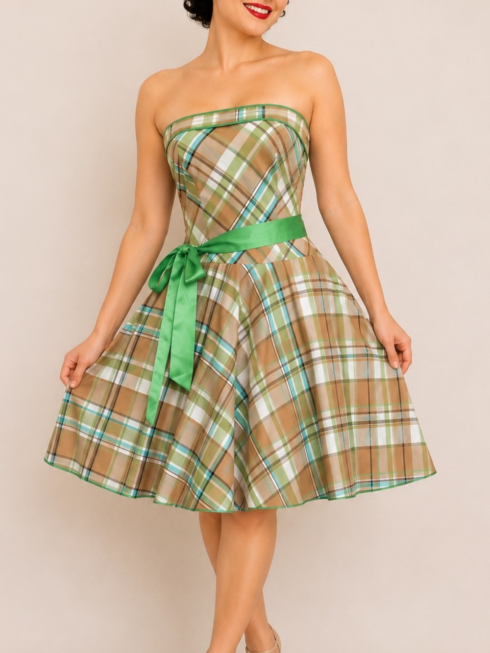 Retro Plaid Strapless Fit & Flare Dress Green Ribbon Pinup Rockabilly Large